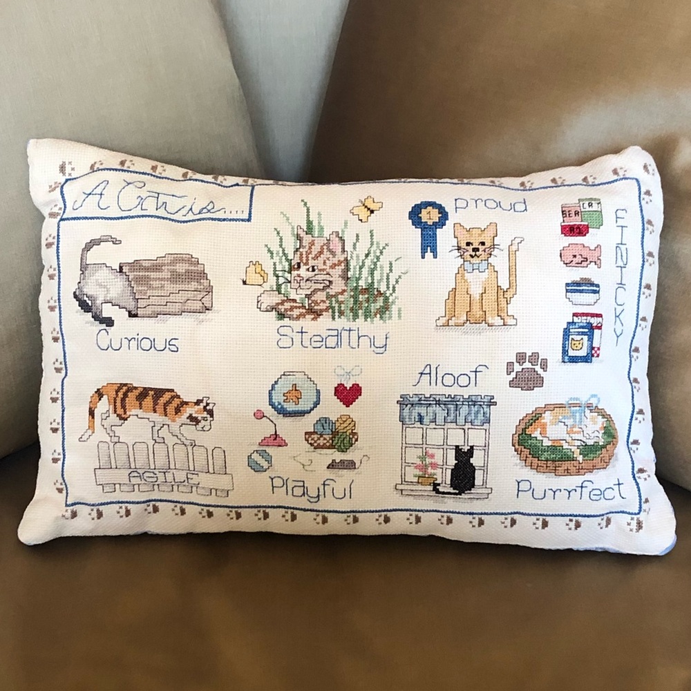 Vintage Handmade Cat Cross Stitch Pillow